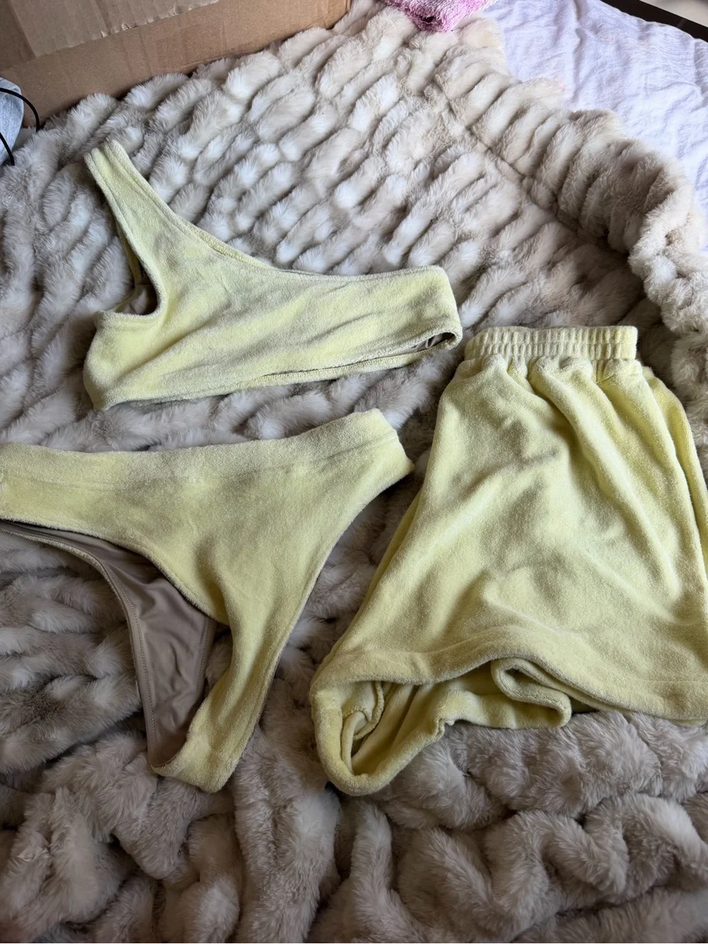 Frankie’s bikinis Barb Lemon Yellow Terry Cloth Bikini Set with Matching shorts